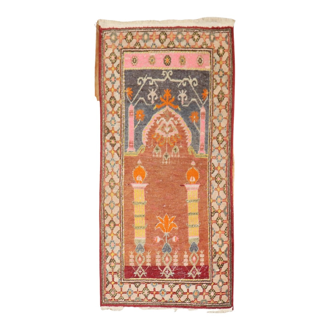 Rare Antique Khotan Prayer Rug 2'1'' X 4'1'': Rare Prayer niche pattern Khotan small size rug from the early 20th century. we have never seen an east Turkestan Khotan rug with this prayer design. Condition: Alterations: Original Condition