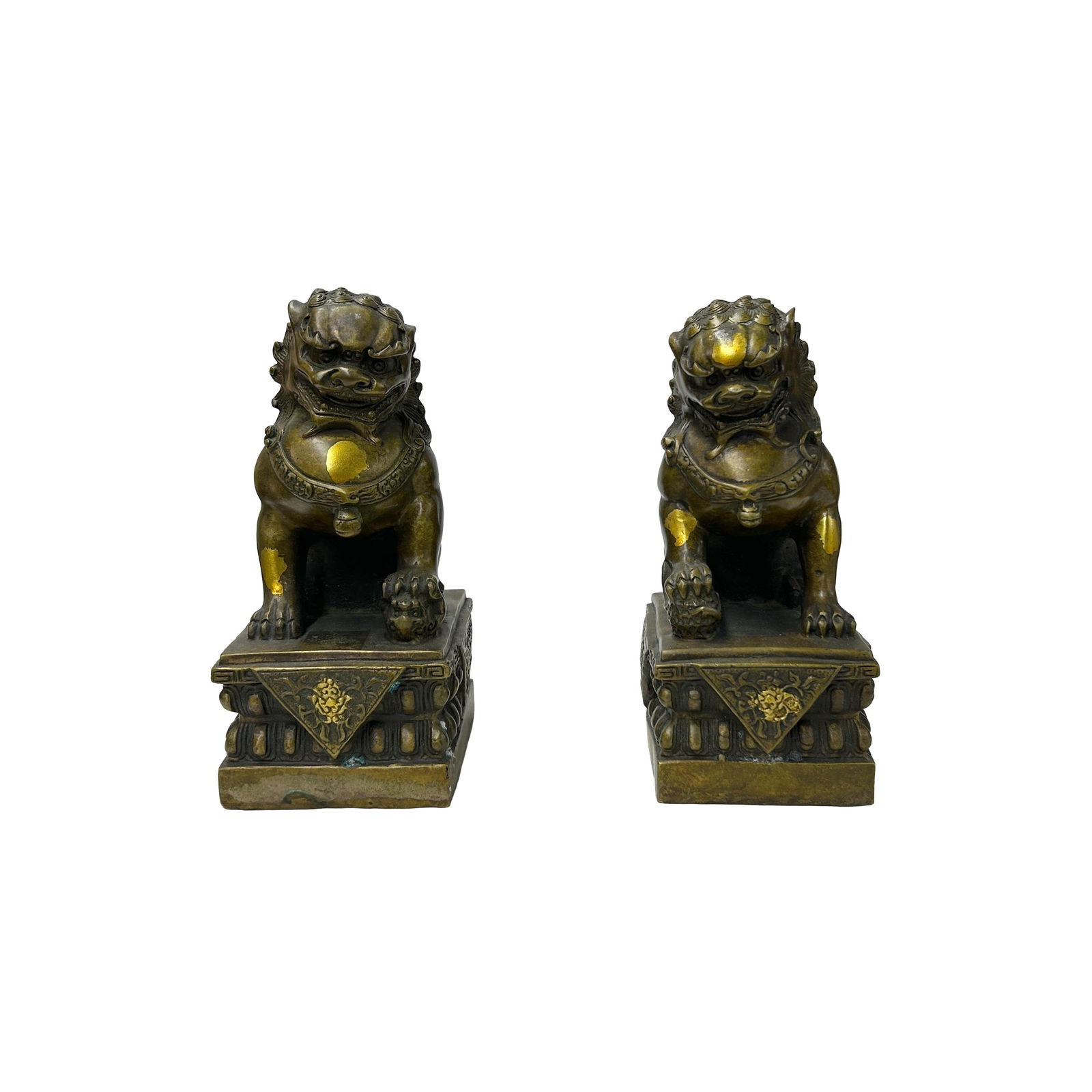 Pair Vintage Copper Color Metal Rustic Fengshui Foo Dog Lions Figures - 2