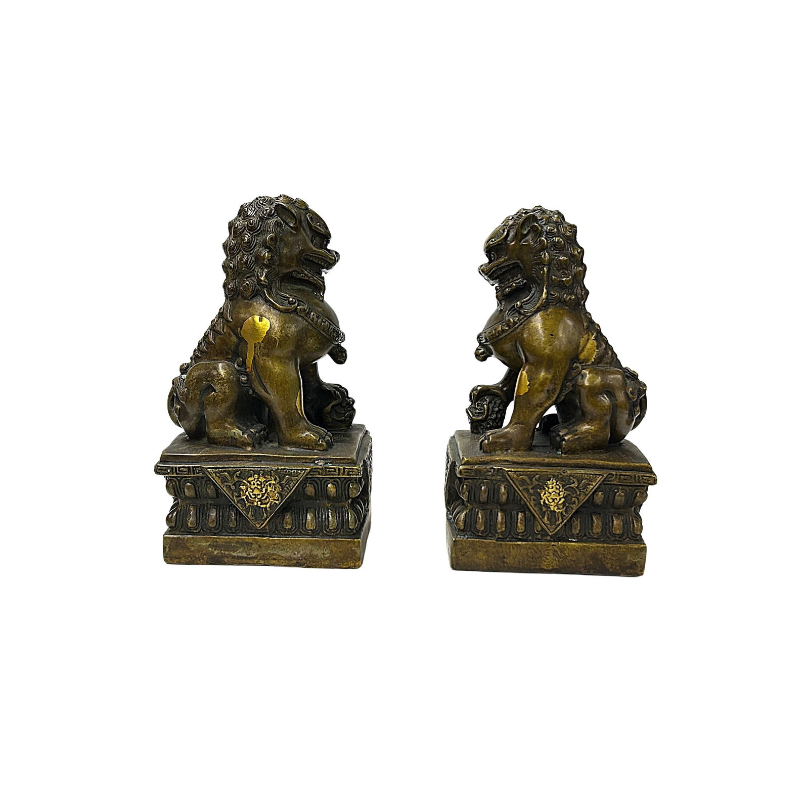 Pair Vintage Copper Color Metal Rustic Fengshui Foo Dog Lions Figures - 3
