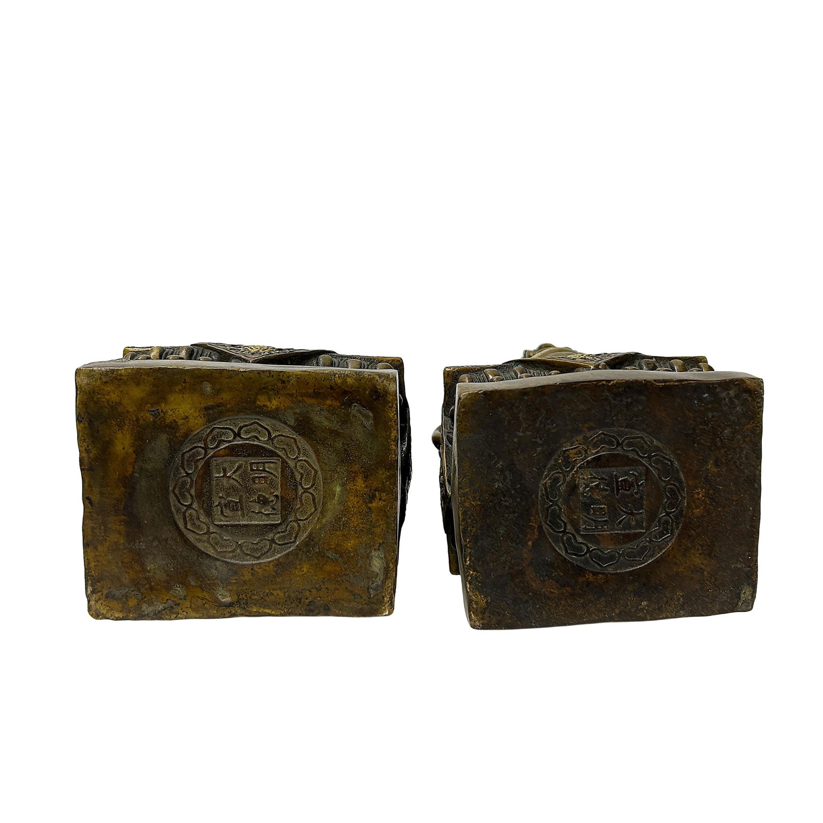 Pair Vintage Copper Color Metal Rustic Fengshui Foo Dog Lions Figures - 6