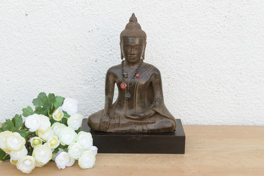 Antique Bronze Seated Buddha, Earth Witness Mudra - 8
