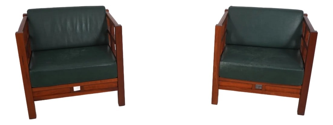 Pair Thomas Moser Windward Cherry Living Room Chairs: Age: Approx: 30 Years Old Details: Windward Collection Studio Crafted High Quality Construction Asian Craftsman Inspired Green Leather Cushions w. Some Wear Un-Marked As To Manufacture See Other