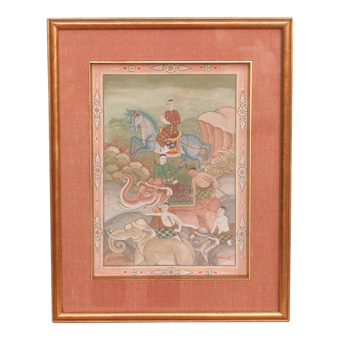 Royal Horse Procession Antique Thai Painting: This antique manuscript page depicts a scene of movement and pageantry. The central figure rides a stylized blue horse, a color often reserved in Southeast Asian art for mystical or royal steeds.