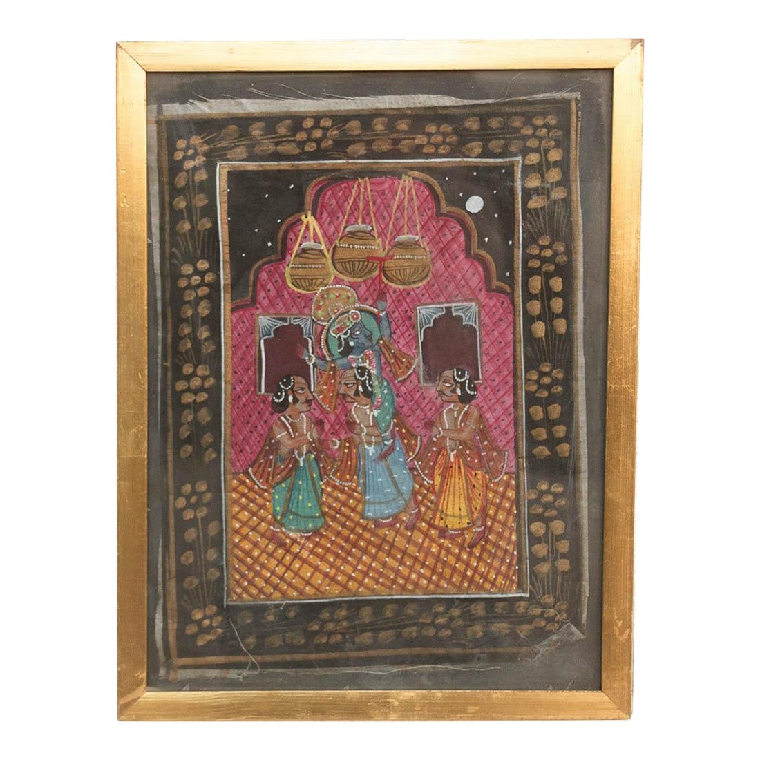 Antique Lord Krishna & Gopis Framed Painting: A vibrant piece of Indian devotional art, this small painting captures a classic scene from the life of Lord Krishna. The deity is depicted with his characteristic blue skin, playing the flute