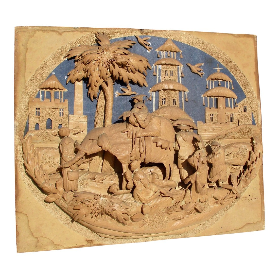 Cornelius Bavelaar Paper Cutout Diorama Circa 1800 Holland: An orientalist scene of exotic Asia, an elephant and rider appear in front of a group of Pagoda towers with a surrounding of sheep with the herder seated in front. A group of other exotic Asians in th