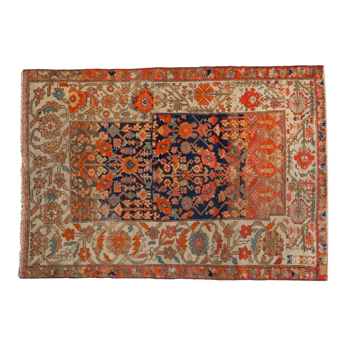 Antique Sampler Malayer Rug - 4' x 5'8": :: Highly unusual sampler showcasing examples of different design motifs and scales for rugs to be made, likely created in or around the middle first quarter 20th century. Following from lower left
