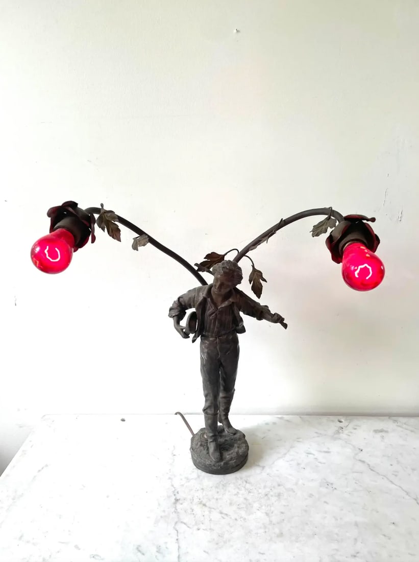 Vintage Arte Nouveau Bronze Spelter Sculpture Lamp - 12