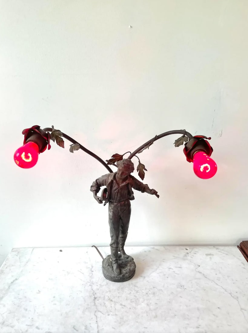 Vintage Arte Nouveau Bronze Spelter Sculpture Lamp - 6