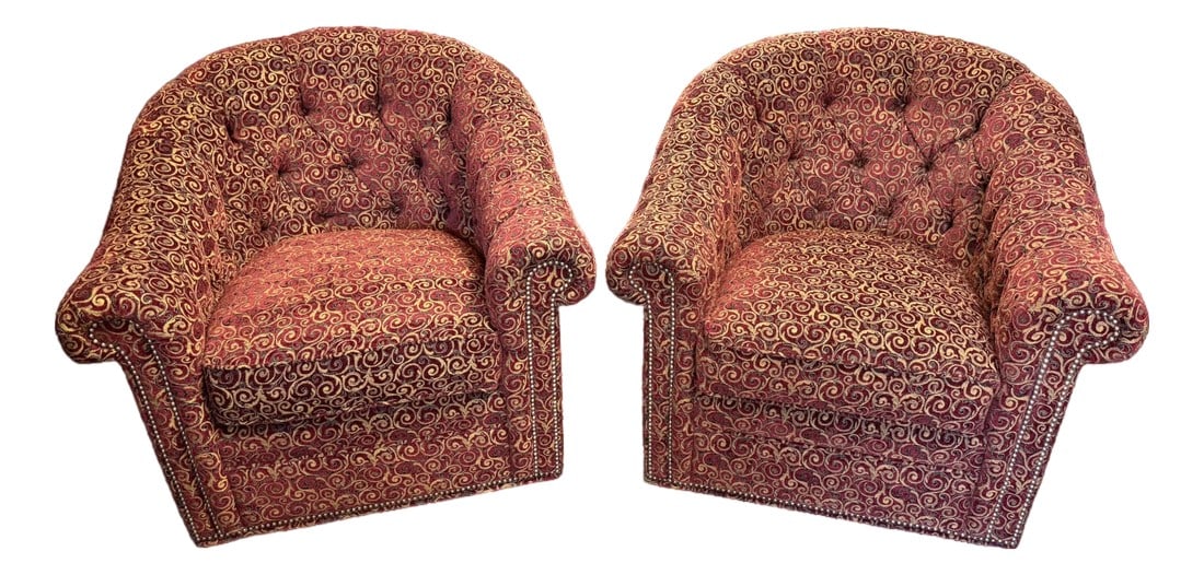 Lexington Furniture Robinson Swivel Chair - A Pair: Lexington Furniture Robinson Swivel Chair - A Pair Swivel Fabric Tufted Accent Chair. The arms have nailhead trim around their front perimeter. The upholstery is maroon with gold a gold swirl