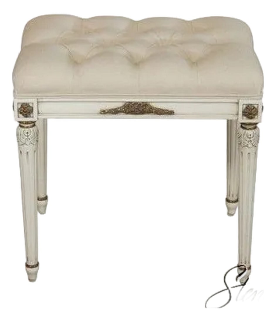 French Louis XV Style Paint Decorared Stool Custom Upholstery: Age: Approx. 5 Years Old Details: Fine Paint decorated finish Gold painted highlights Tufted Top Model in. Width: 33948-JWI French Louis XV Design Condition: