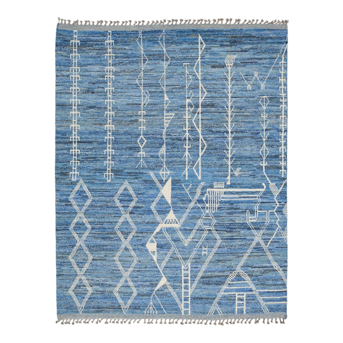 8 X 10 Contemporary Moroccan Style Wool Rug in Blue With Grometric Motifs: This modern Moroccan-style wool rug features intricate white geometric and symbolic motifs over a rich blue field, blending tradition with contemporary artistry. Handwoven with fringe edges, its bold