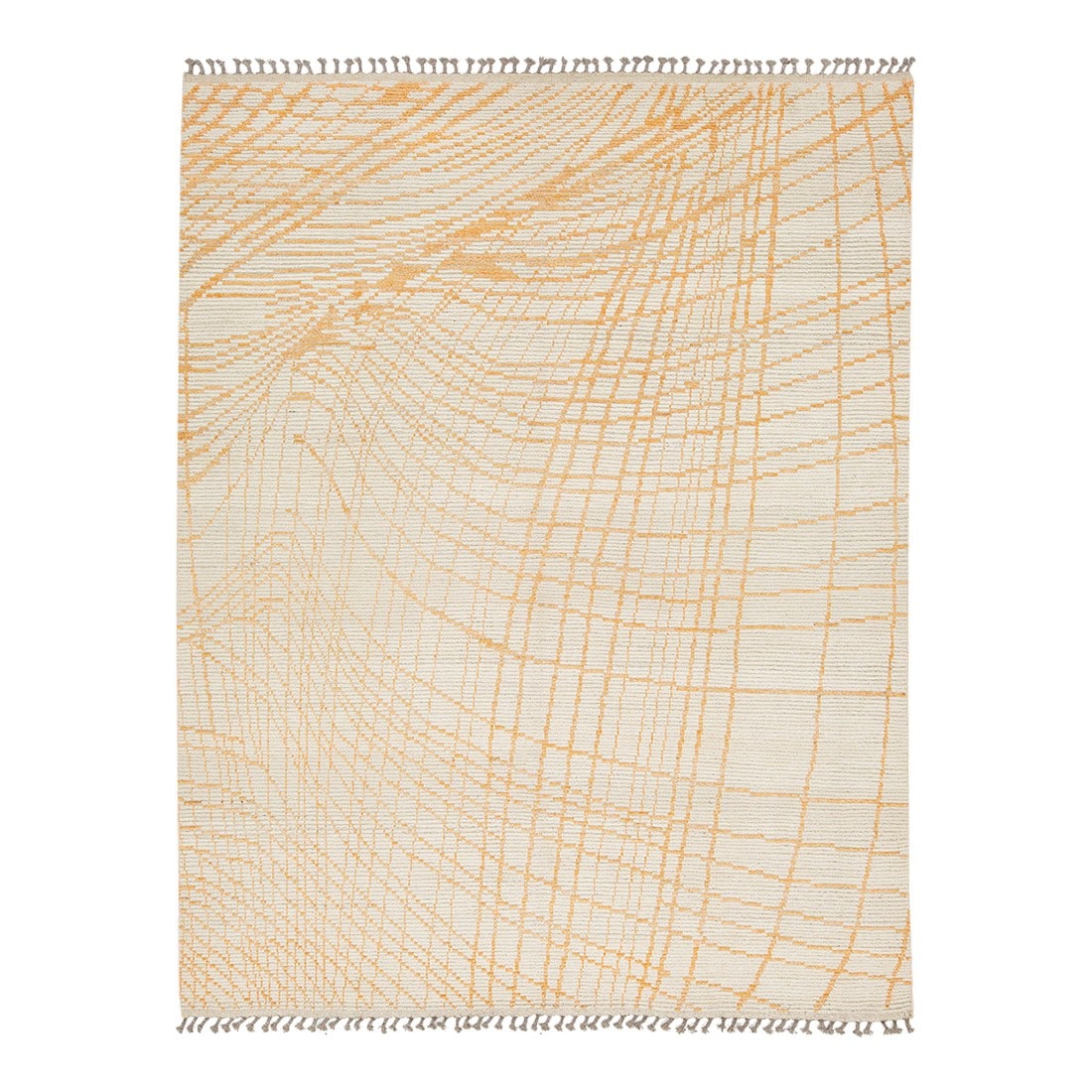 Handmade Modern Moroccan Style Beige and Orange Wool Rug With Abstract Design: This modern Moroccan-style wool rug features a flowing grid of orange lines over a soft beige field, evoking topographic movement and artisanal charm. Handwoven with fringe accents, its abstract