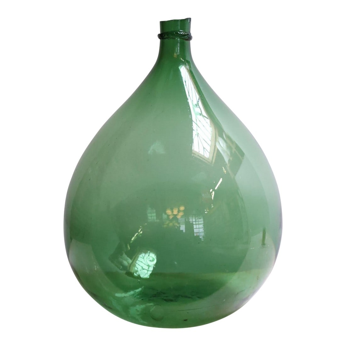 Vintage Italian Emerald Green Blown Glass Teardrop-Form Demijohn Carboy: Italian Demijohn / Carboy originally used for transporting wine (ca. early 20th Century, Italy). Bulbous ballon/teardrop form composed of attractive emerald green free-blown glass exhibiting trapped a