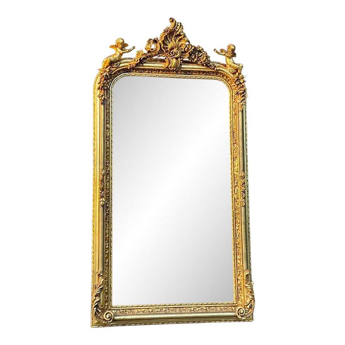 Late 20c French Louis XVI Gold Beech Floor Mirror – 1 Pc: Date / Period: Late 20th Century Maker / Brand: Handcrafted by French Artisans Style: Louis XVI Color: Antique Gold Material: Solid Beech Wood, Mixed Decorative Media, Mirror Glass Category: Floor