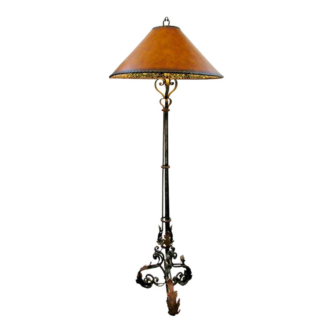 1920s French Art Deco Wrought Iron Scrollwork and Leaves Tripod Floor Lamp and Shade: The French Art Deco Wrought Iron Scrollwork and Leaves Tripod Base Floor Lamp is a large, antique original piece dating back to the 1920s. Made of black wrought iron in the Art Deco style, this floor