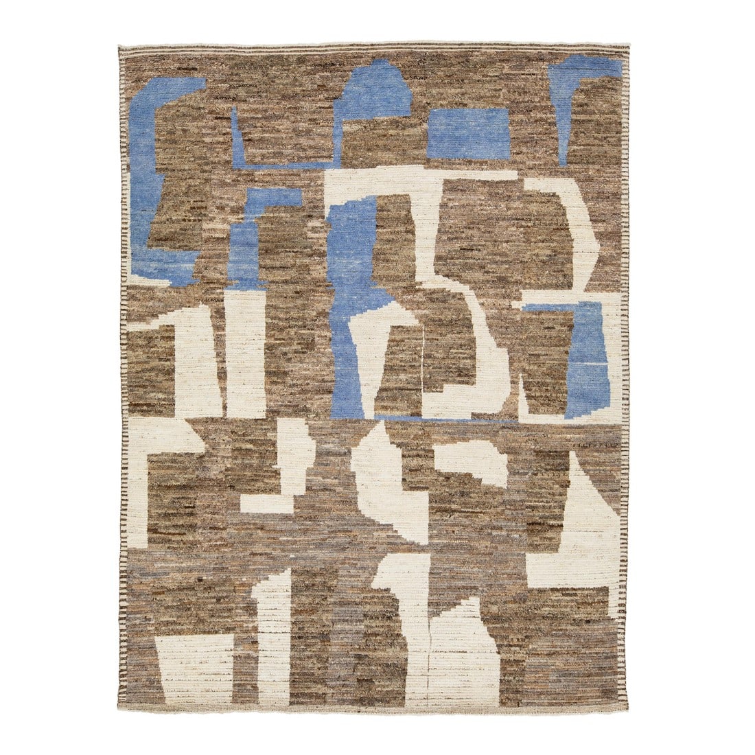 Modern Moroccan Style Wool Rug With Abstract Earth-Tone Geometry: Handwoven in wool, this modern Moroccan-style rug features an abstract composition of earthy browns, off-white, and accents of blue. The irregular geometric blocks and horizontal texture evoke a paint
