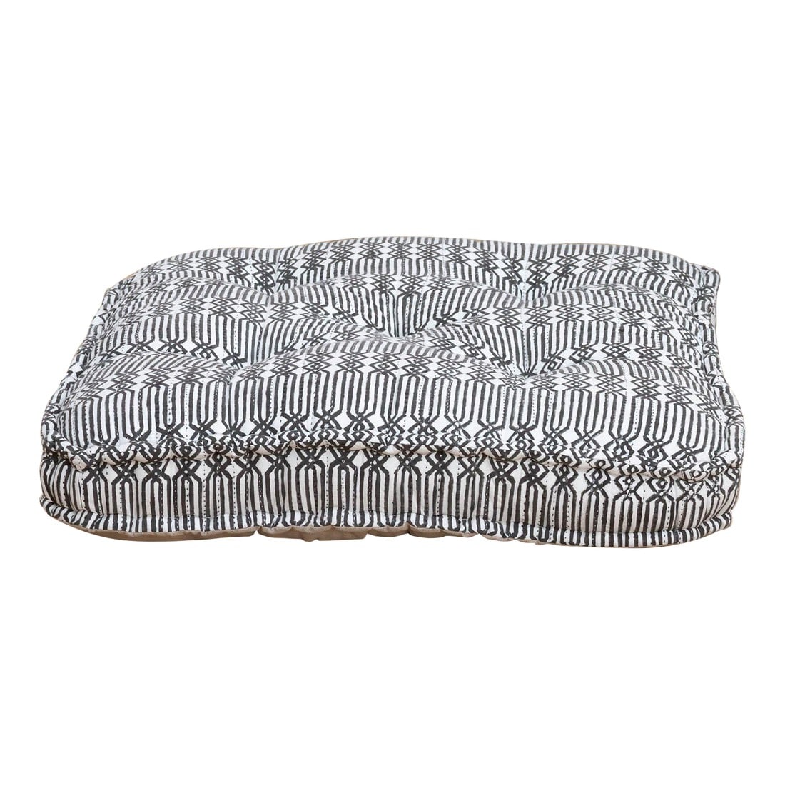 Hand Block Printed Black & White Floor Cushion: A fusion of traditional craft and modern graphic design, this oversized floor cushion features a striking Black & White geometric pattern. Hand-printed by artisans using carved wooden blocks, the