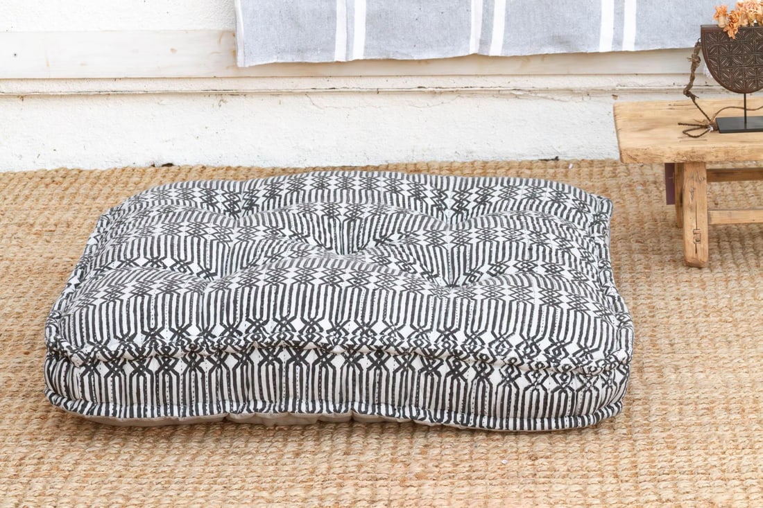 Hand Block Printed Black & White Floor Cushion - 2