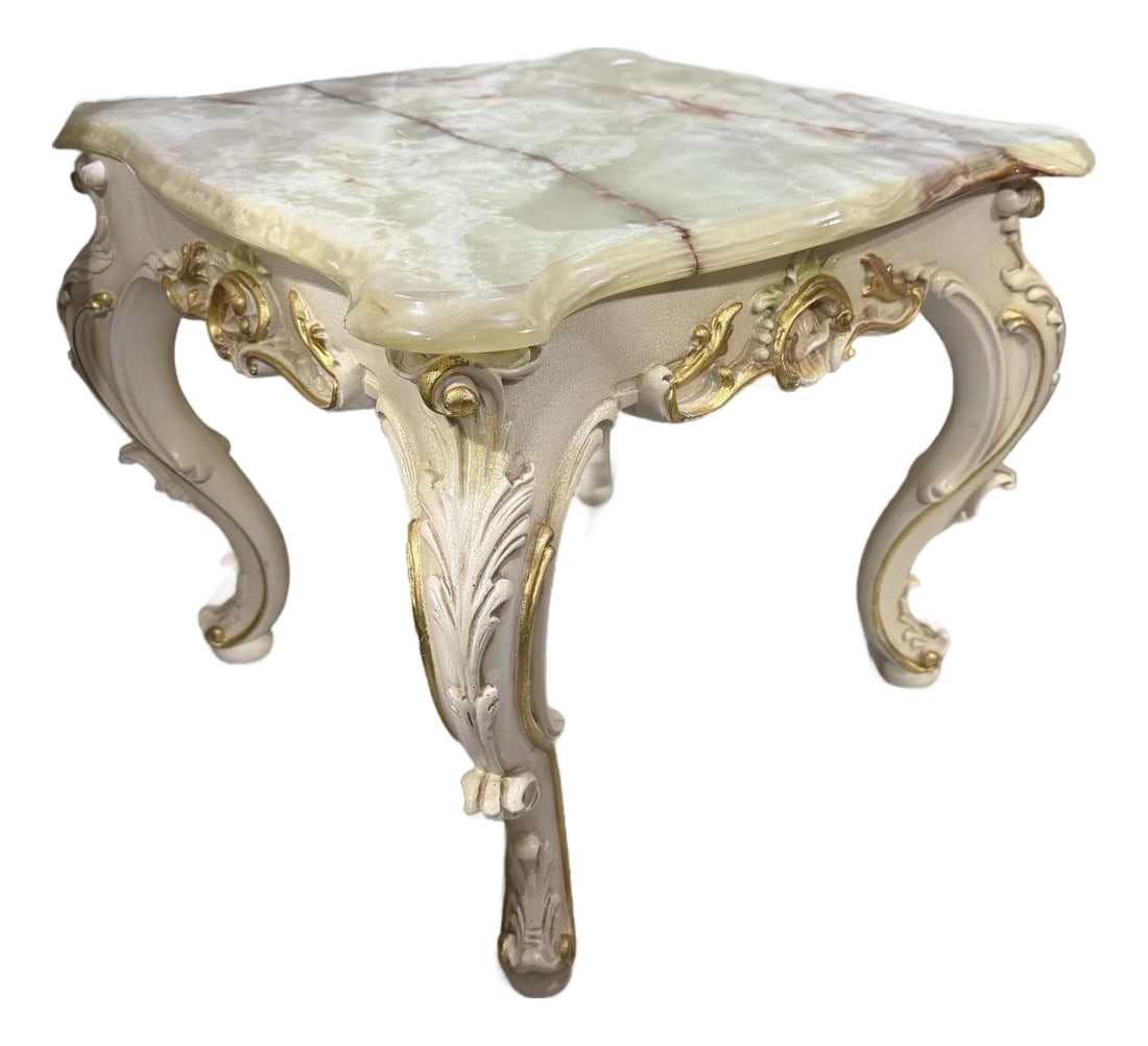 1930s Small French Louis XV Style Golden Wood Alabaster Top Square Side Table (1 of 6)