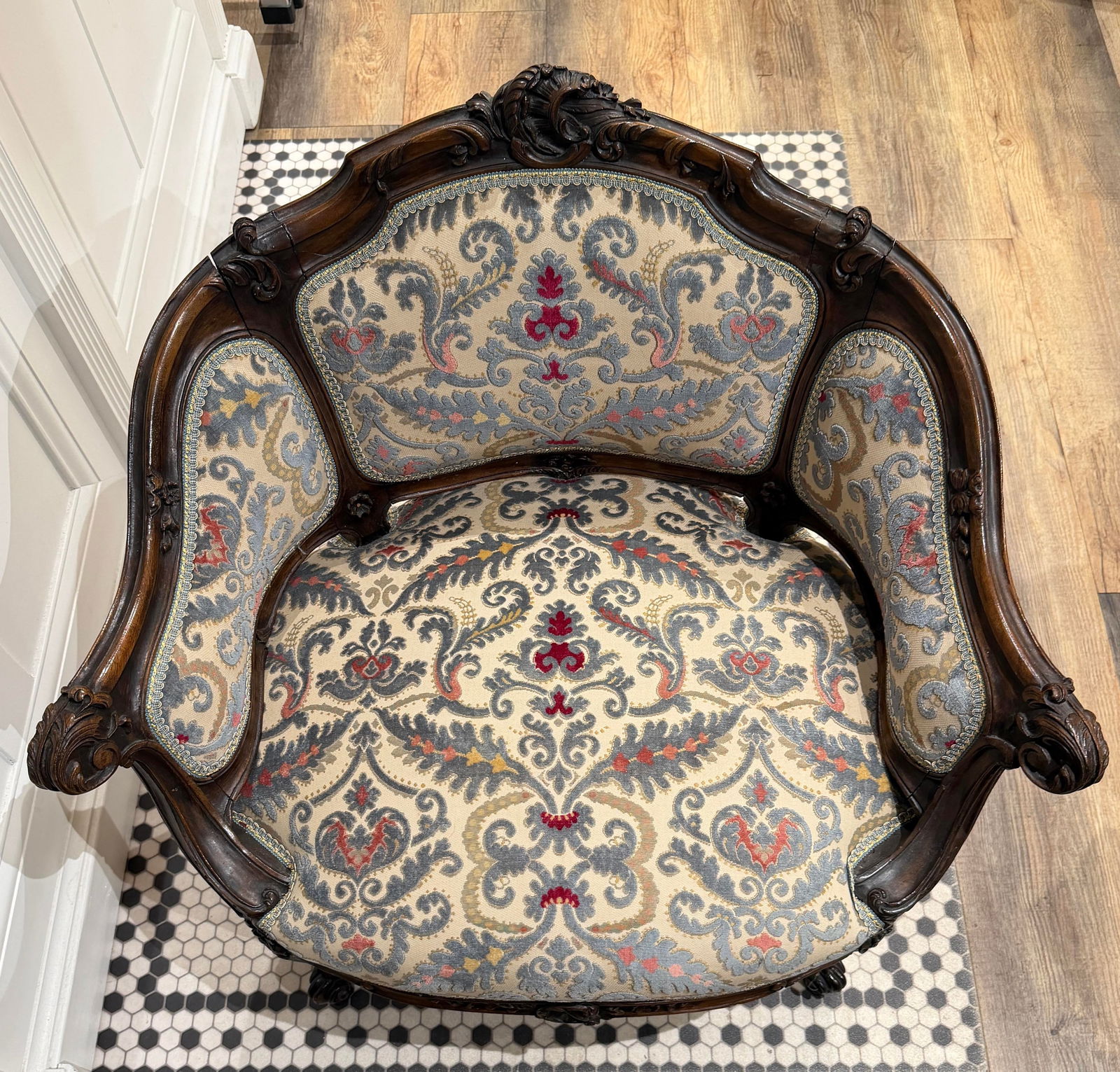 Early 20th Century Petite Needlepoint Bergère Chair With Intricately Carved Walnut Frame - 2