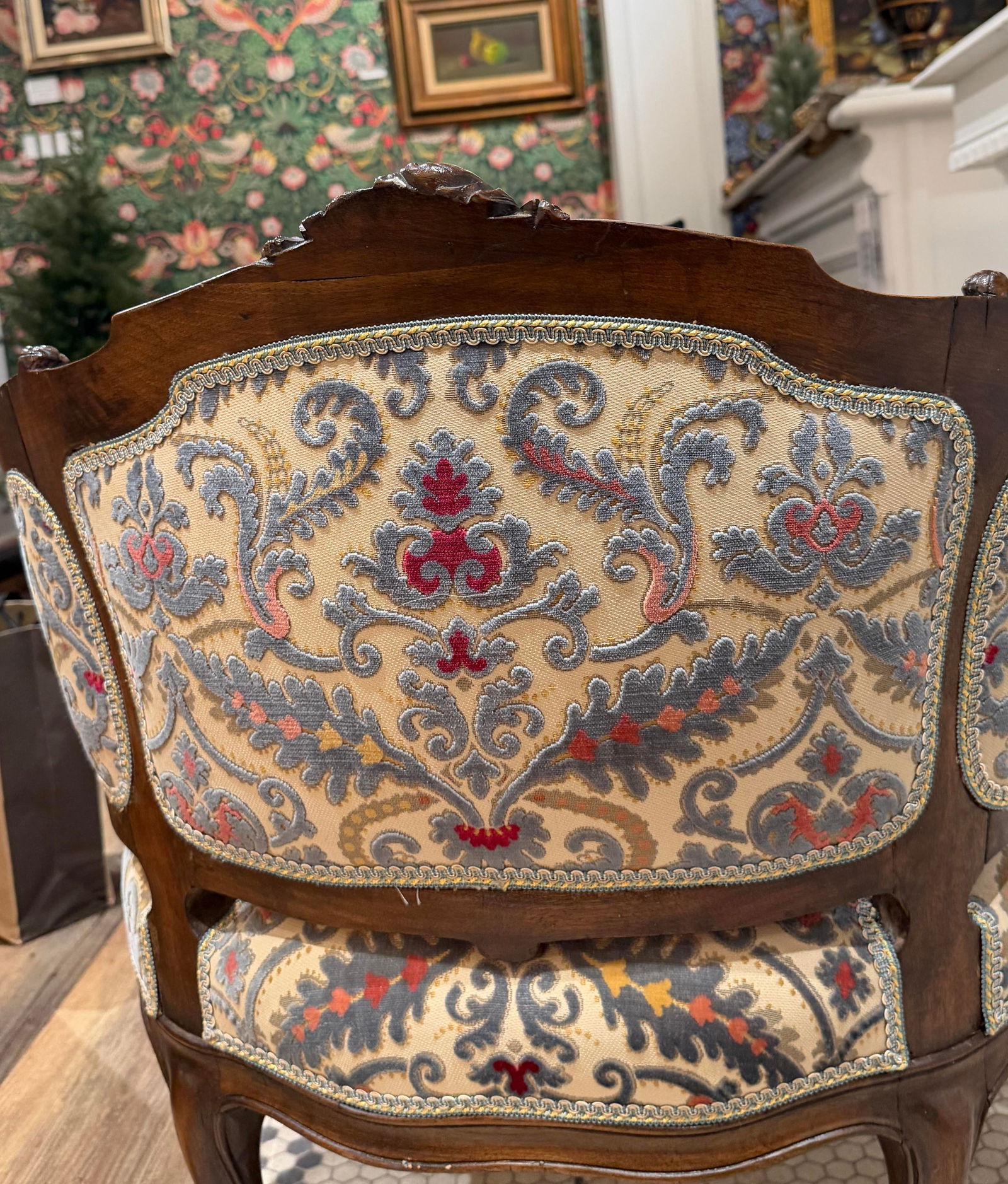 Early 20th Century Petite Needlepoint Bergère Chair With Intricately Carved Walnut Frame - 5