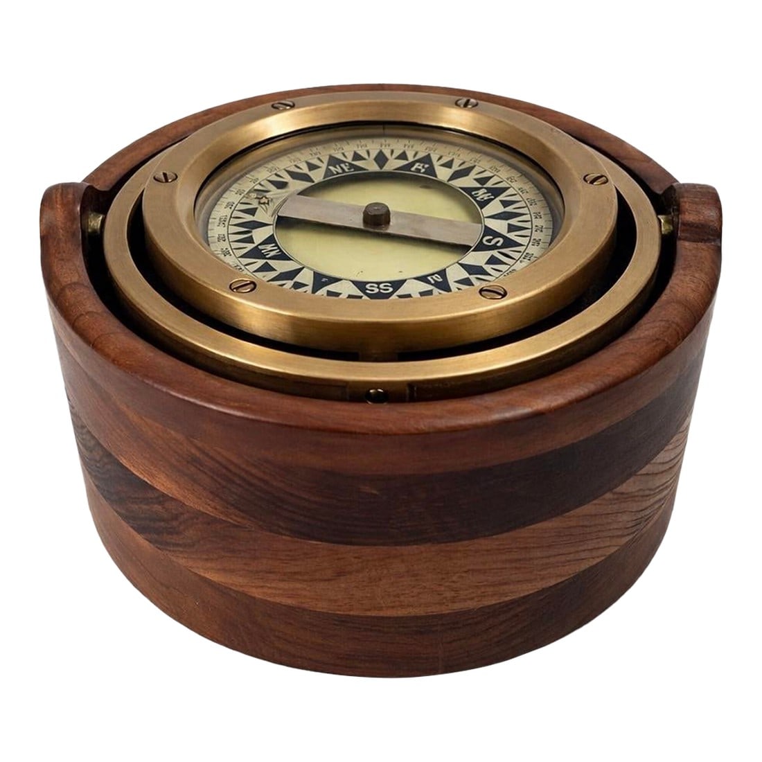 Early 20th Century Gimbaled Brass Deck Compass, Circular Wood Housing: Housed in a solid turned wood case, this nautical deck compass features a true gimbaled brass mechanism and is exceptionally solid and heavy at approximately 3 lbs, reflecting thick brass,