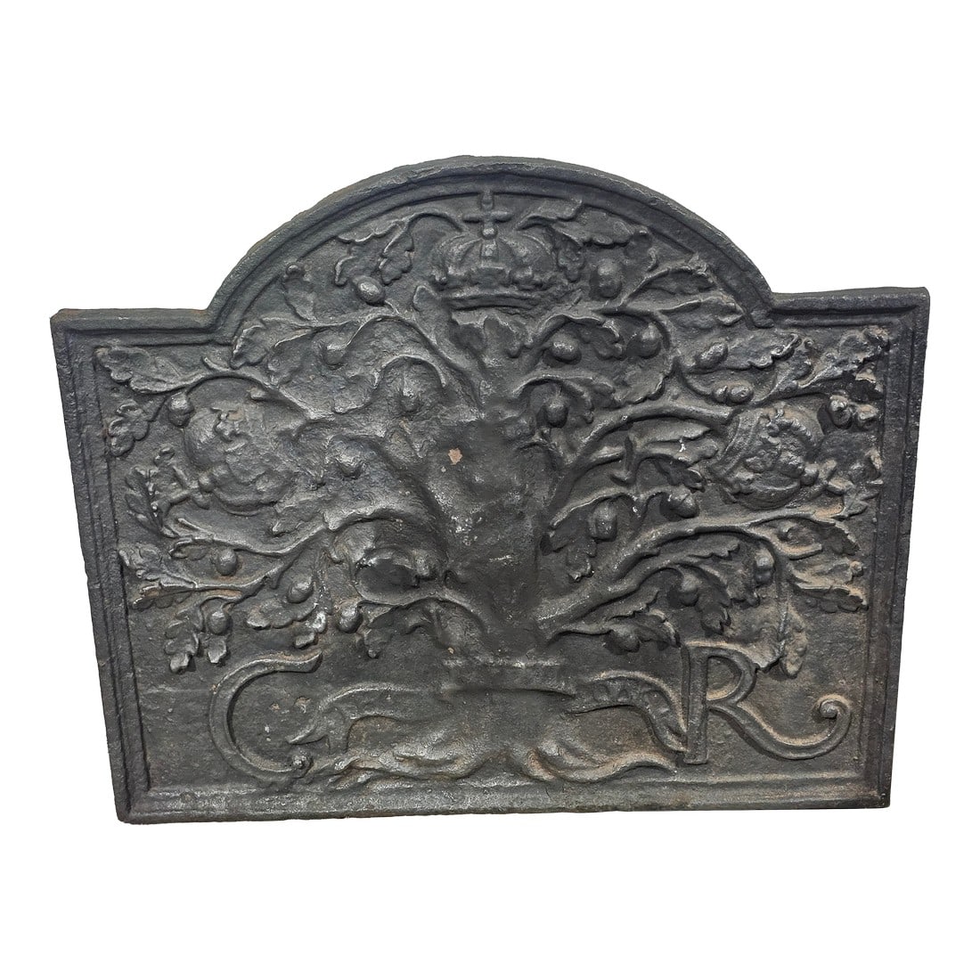 Antique 17th Century Large Charles Rex Cast Iron Fireback Oak Tree King Charles II: Store Item: Antique 17th Century Large Charles Rex Cast Iron Fireback Oak Tree King Charles II Description: Outstanding 17th Century Cast Iron Fireback. Features a large Oak Tree with top royal