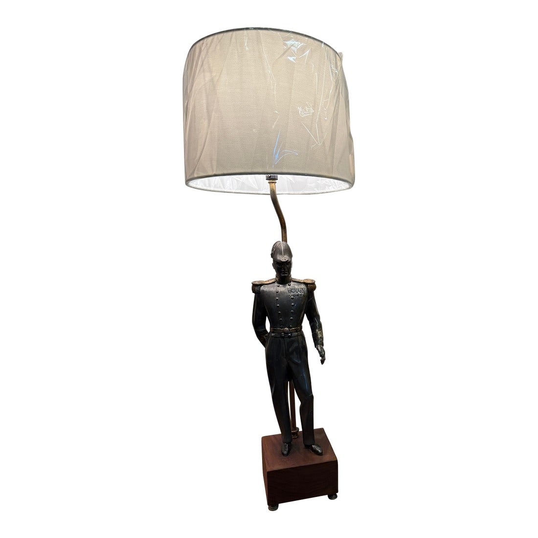 Antique French Admiral Desk Lamp: 28" to top of shade. Lamp base is 5" x 5" This is a 9inch wide shade. X 7.5" tall . Metal figure mounted on a block of cherry wood. Condition: Alterations: Restored Imperfections: Some