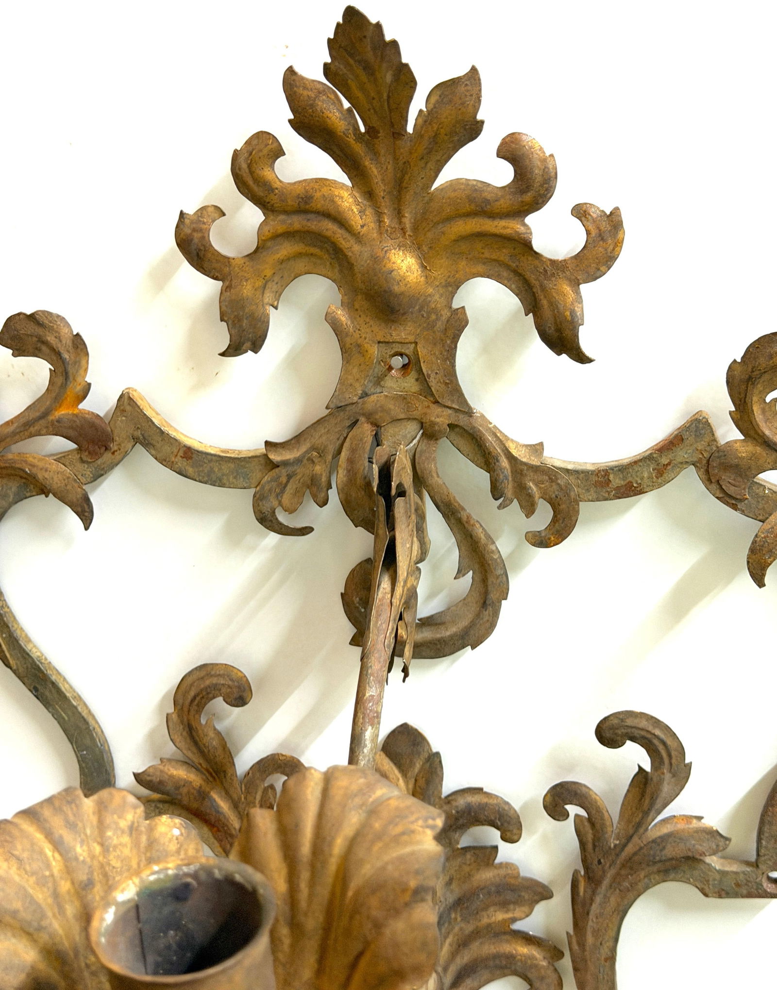 Large Pair Venetian Gilt & Polychromed Tole Candle Sconces Italy, circa 1890s - 14