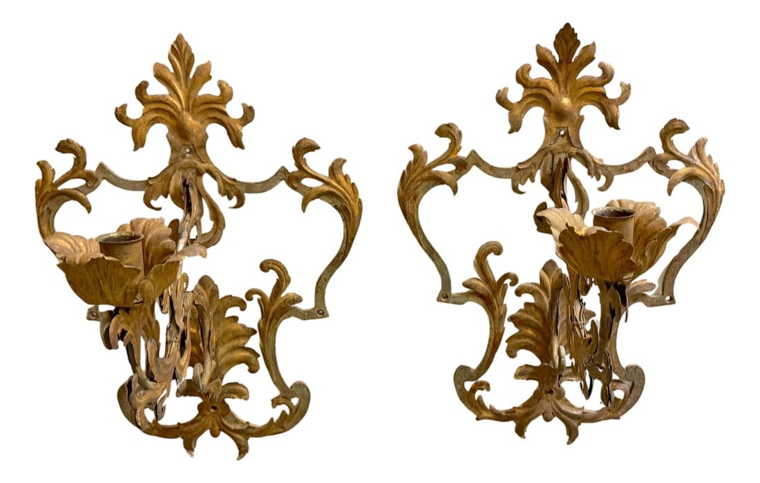 Large Pair Venetian Gilt & Polychromed Tole Candle Sconces Italy, circa 1890s: Large Pair of Venetian Gilt & Polychromed Tole Candle Sconces Italy, circa 1890s 26" H x 15" W x 9" D This impressive pair of late 19th-century Venetian wall sconces exemplifies the enduring