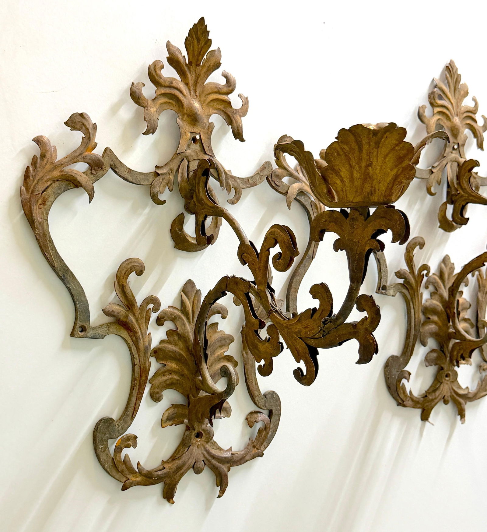 Large Pair Venetian Gilt & Polychromed Tole Candle Sconces Italy, circa 1890s - 2