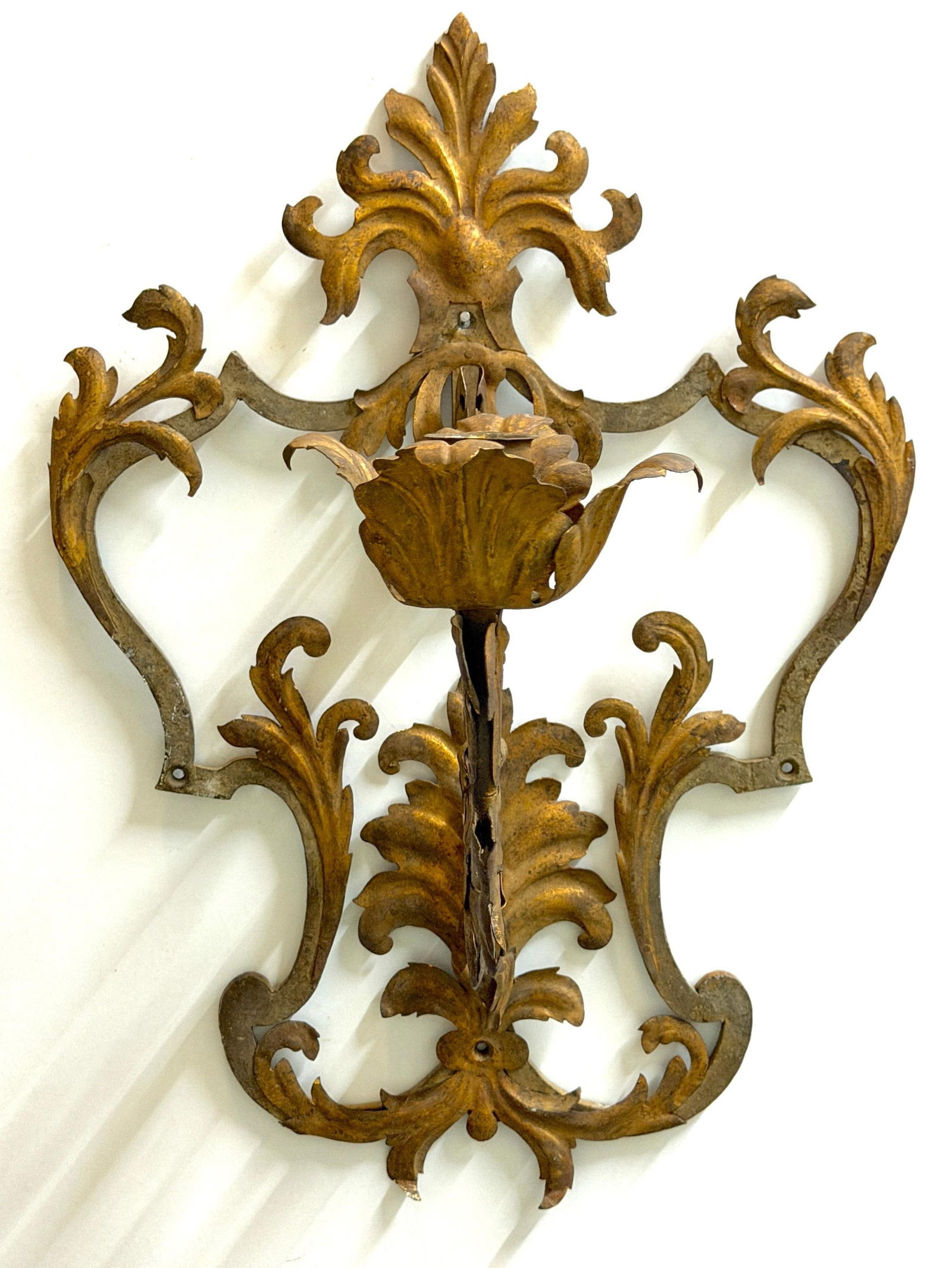 Large Pair Venetian Gilt & Polychromed Tole Candle Sconces Italy, circa 1890s - 4