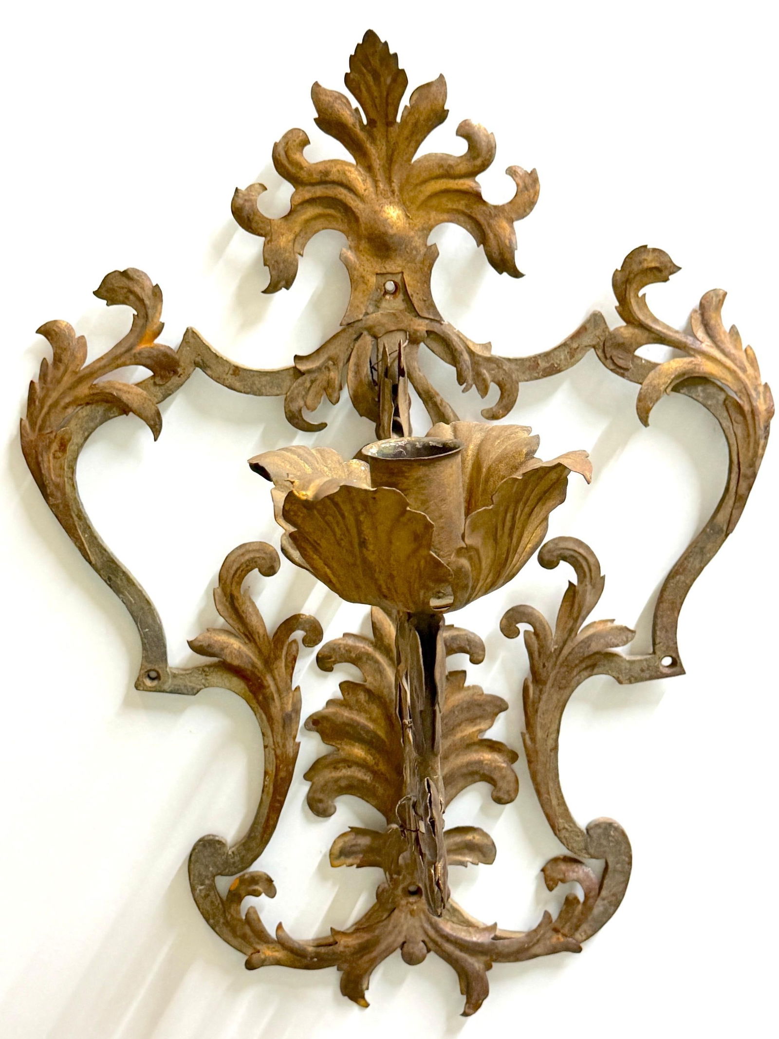 Large Pair Venetian Gilt & Polychromed Tole Candle Sconces Italy, circa 1890s - 6