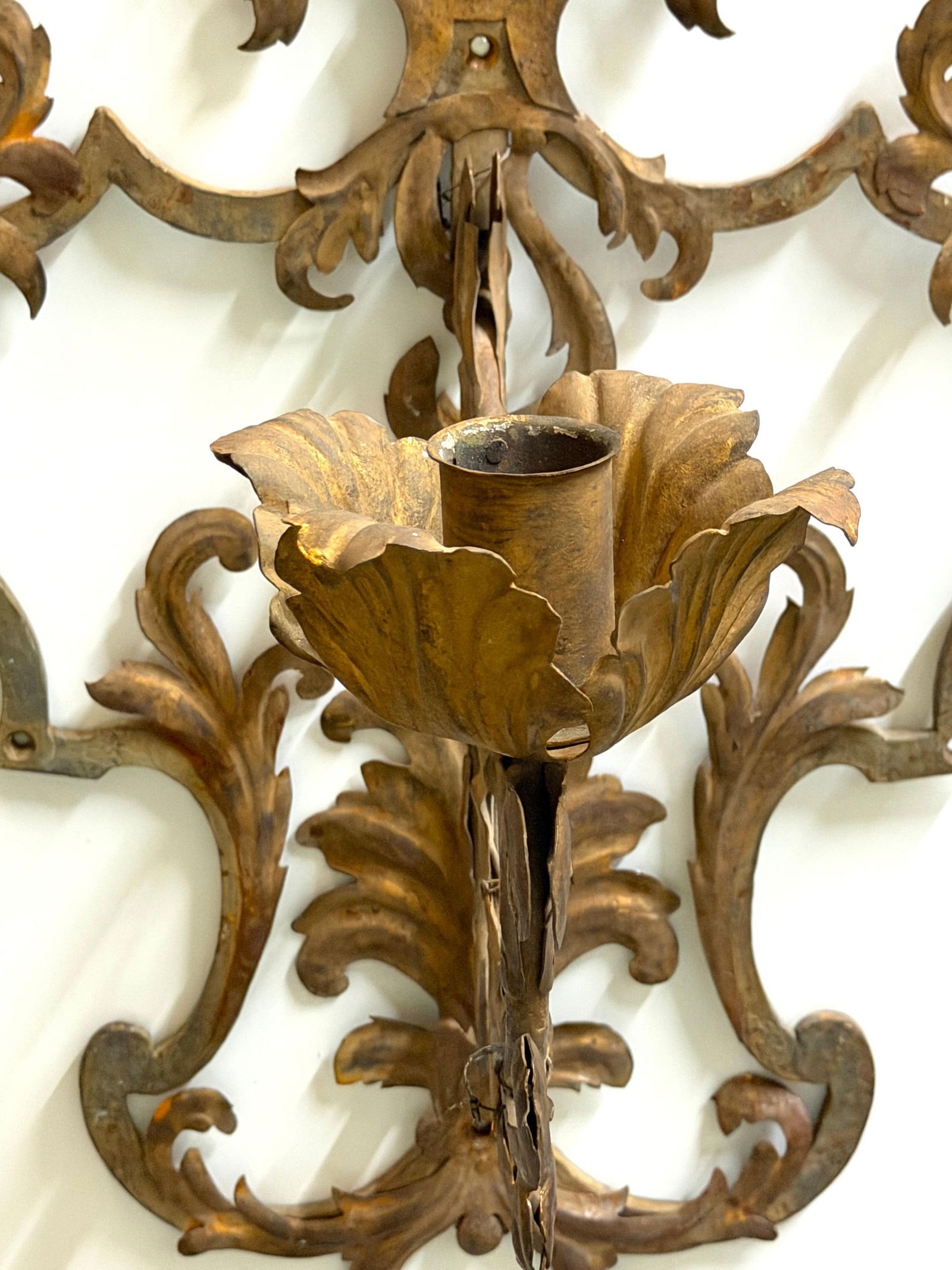 Large Pair Venetian Gilt & Polychromed Tole Candle Sconces Italy, circa 1890s - 7