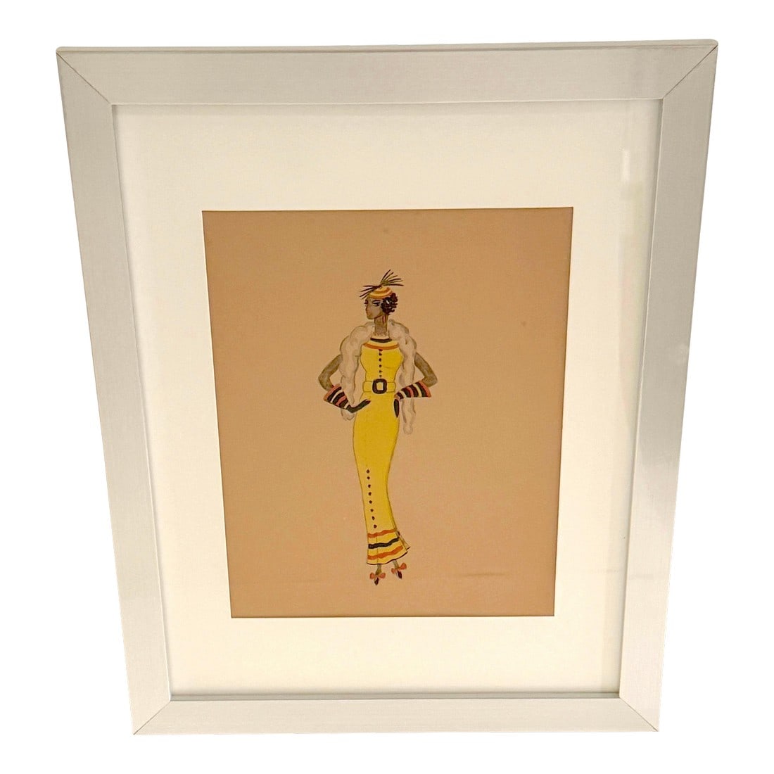 Mid 20th Century Wayne Benter Jung, Fashion Sketch of Josephine Baker, Post WWII: Wayne Benter Jung, Fashion Sketch of Josephine Baker, Post WWII Gouache and ink on paper, 7.5" x 9.5" (sight), silver lacquered frame 11" x 9", circa late 1940s This vibrant fashion illustration repre