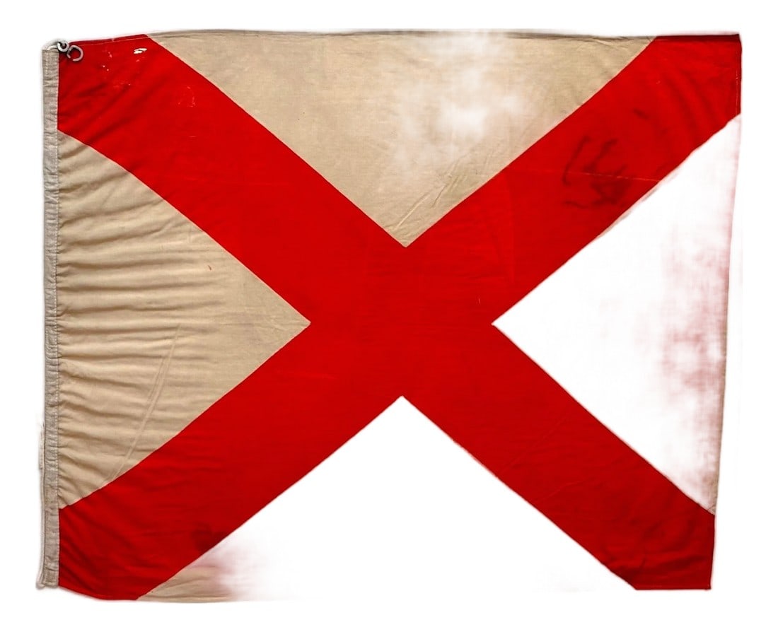 Large Early Alabama State Flag, Cotton Bunting, 1895–1918 Spanish–American War: Large Early Alabama State Flag with Red St. Andrew's Cross, Cotton Bunting, c. 1895–1918 (Spanish–American War Era) A striking and historically resonant example of the Alabama State