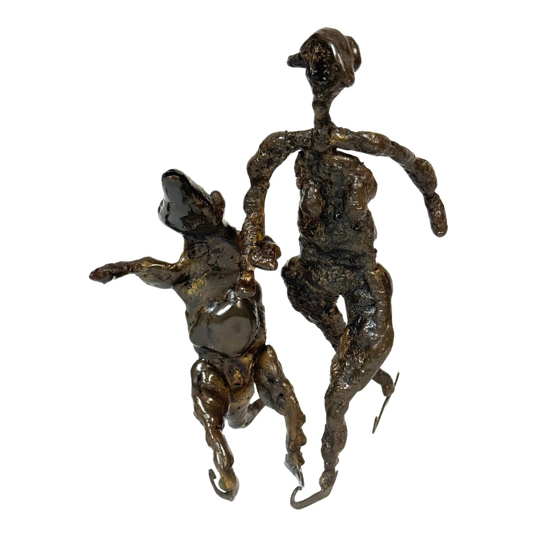 Surrealist Bronze Sculpture of a Woman and Alligator on Skates: Surrealist Bronze Sculpture of a Woman and Alligator on Skates Continental, circa 1960s Dimensions: 8" H × 4" W × 4.5" D A whimsical and surrealist bronze depicting a fantastical pair: