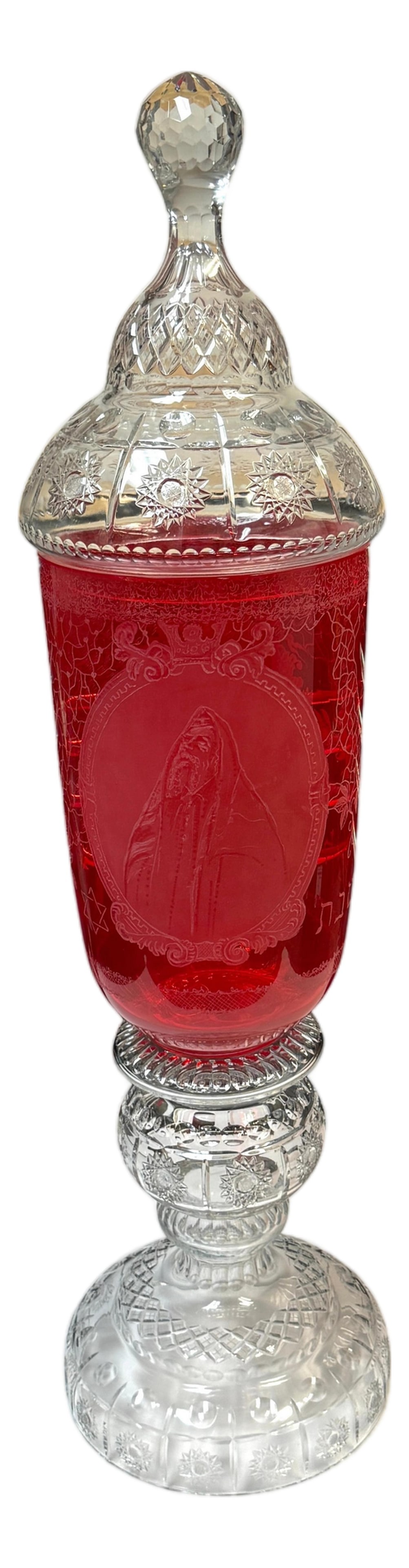 Monumental Bohemian Ruby & Crystal Ceremonial Pokal /Synagogue Presentation Urn: Monumental Bohemian Ruby-Flashed Crystal Ceremonial Pokal/Synagogue Presentation Urn Czech Republic (formerly Czechoslovakia), 1960-1980 Two-part (2 Pieces) construction: lidded upper section and