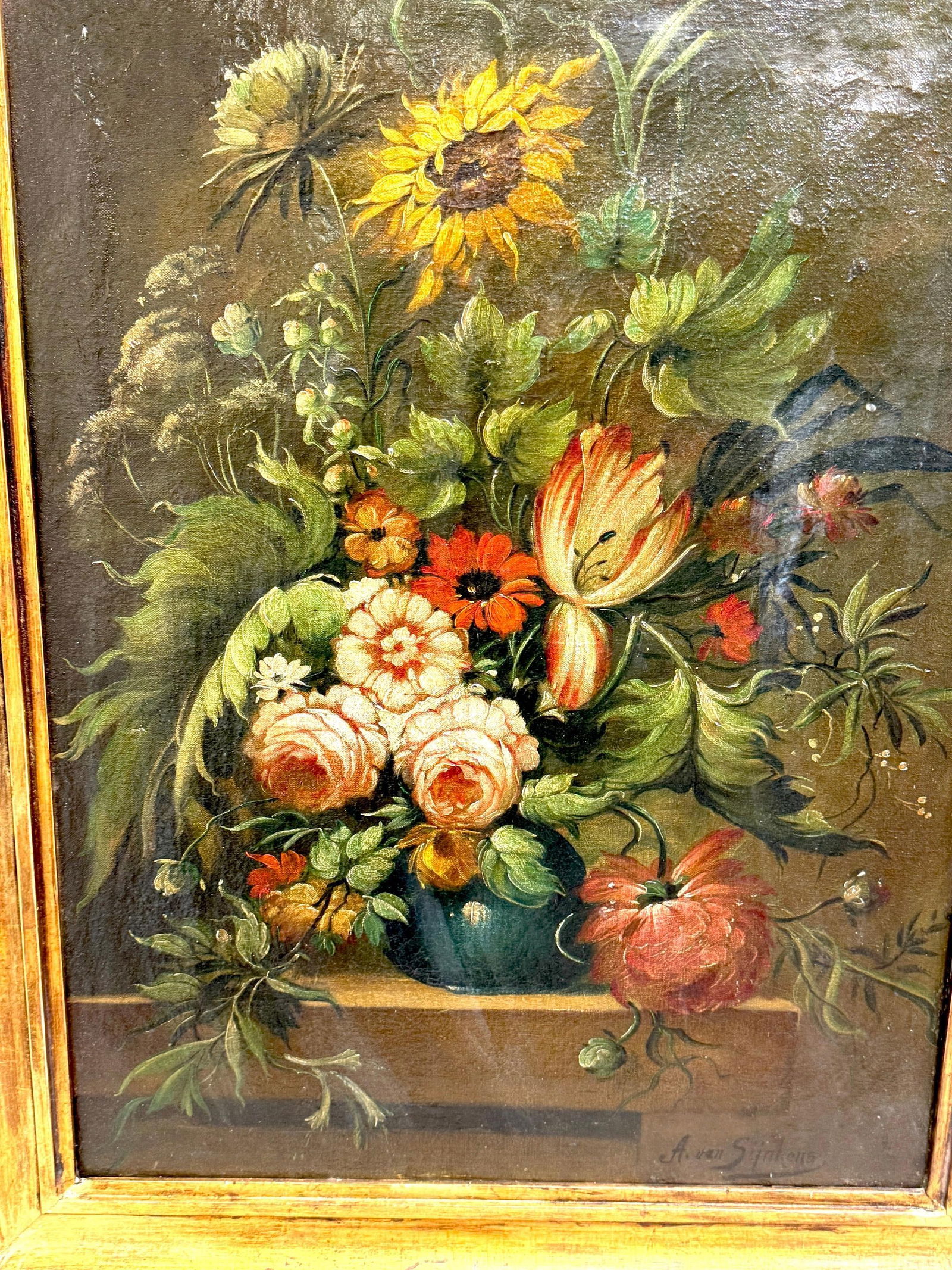Antique Dutch Floral Still Life Signed "A. van Sijnkens", 19th C or Older - 11