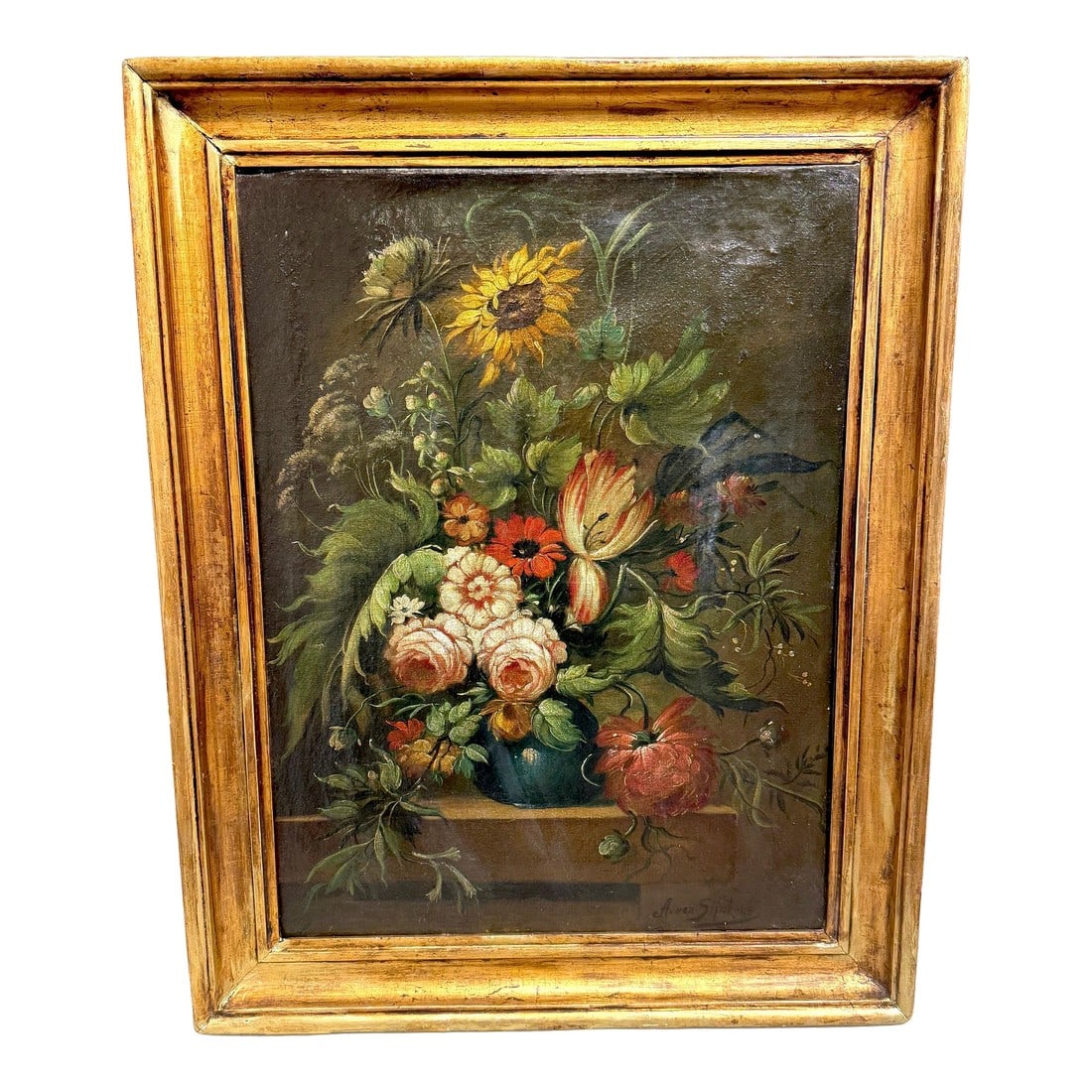 Antique Dutch Floral Still Life Signed "A. van Sijnkens", 19th C or Older: Antique Dutch Floral Still Life Signed "A. van Sijnkens," 19th C or Older Canvas: 23" W x 31" H Frame: 29" W x 37" H x 2" D This richly painted floral still life recalls the traditions of the