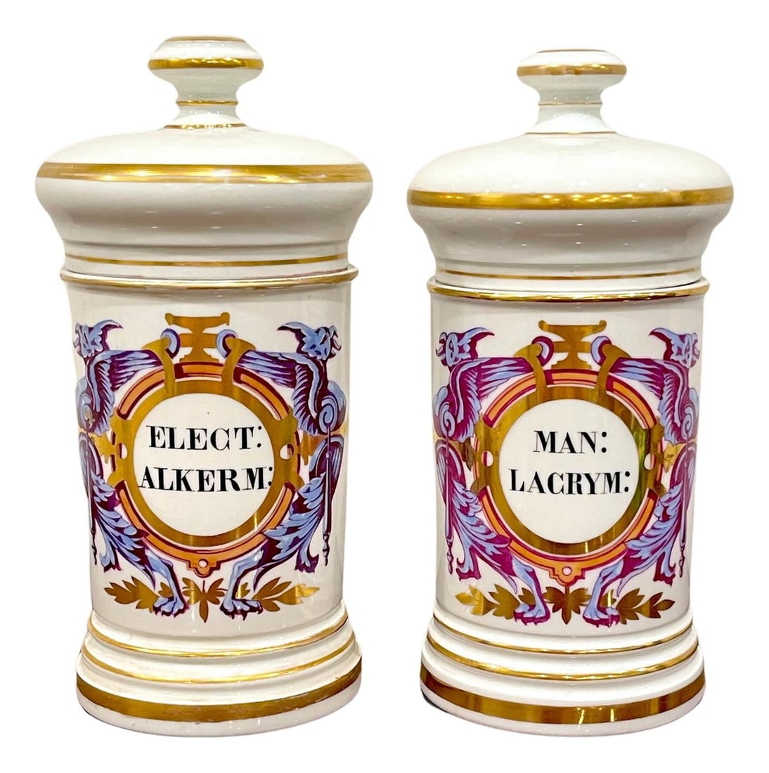 Pair of Neoclassical Apothecary Jars by Maison A Collin Porcelaines & Cristaux: Pair of Neoclassical Apothecary Jars by Maison A Collin Porcelaines & Cristaux France, Circa 1870s Signed: Maison A Collin Porcelaines & Cristaux, A. Collin, Paris, 90 Rue de Rivoli We are pleased to