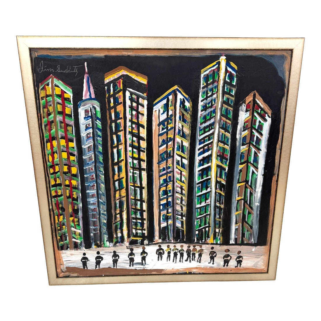 Jimmy Lee Sudduth, (1910–2007) "Untitled (Evening Cityscape, New Orleans)": Jimmy (Lee) Sudduth (1910–2007) "Untitled (Evening Cityscape, New Orleans)" 48" × 48" (52" × 52" framed) "• Signed Upper Left** A large-scale, highly expressive cityscape by