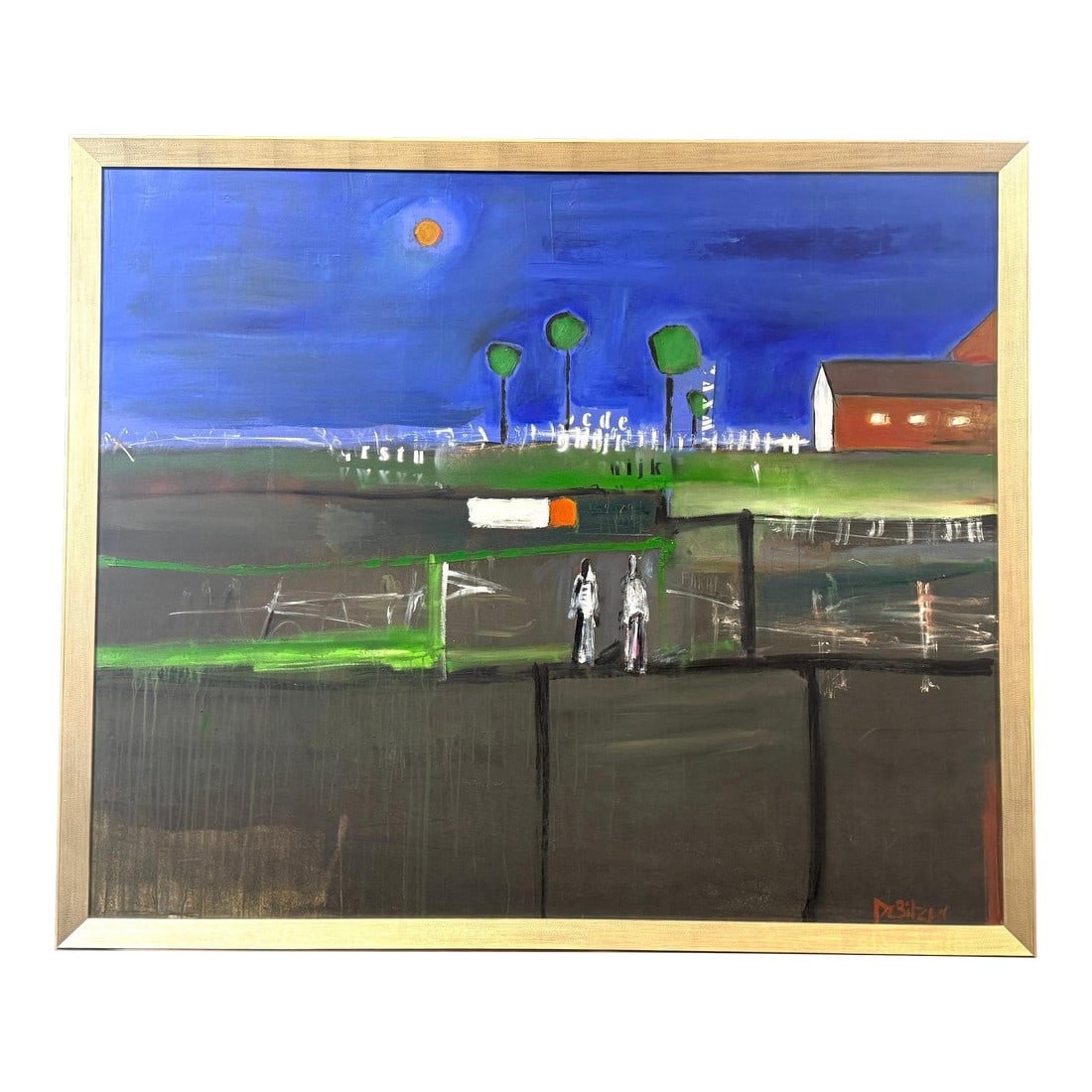William DeBilzan (American, b. 1956) "Evening Cityscape" Monumental Mixed-Media: William DeBilzan (American, b. 1956) "Evening Cityscape""”Monumental Mixed-Media Abstract Landscape with Figures, Signed Lower Right 64" H × 76" W (Framed 72" × 60") A striking,