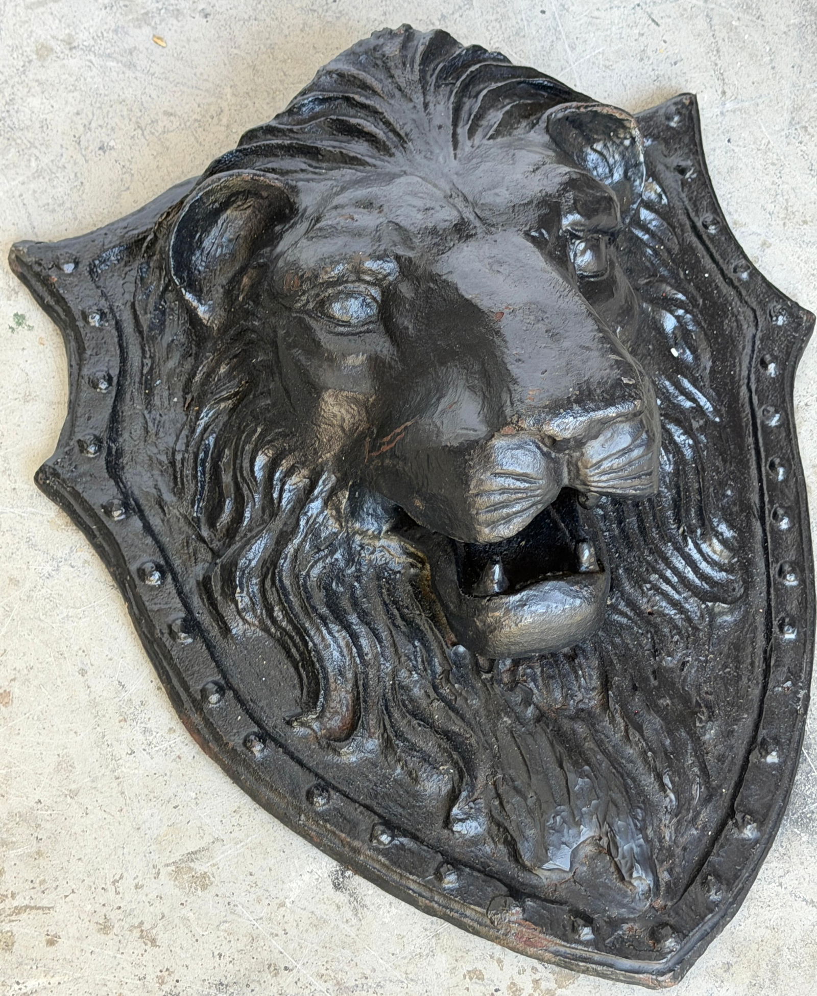 Large 19th C. American Cast-Iron Lion Shield Medallion, Architectural Ornament - 13