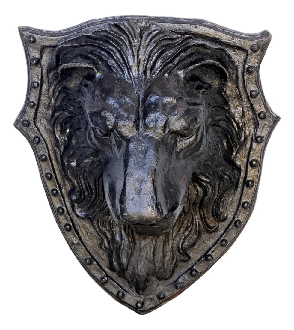 Large 19th C. American Cast-Iron Lion Shield Medallion, Architectural Ornament: Large 19th-Century American Cast-Iron Lion Shield Medallion, Architectural Ornament An imposing and sculptural late 19th-century American cast-iron lion medallion, modeled in deep high relief and moun