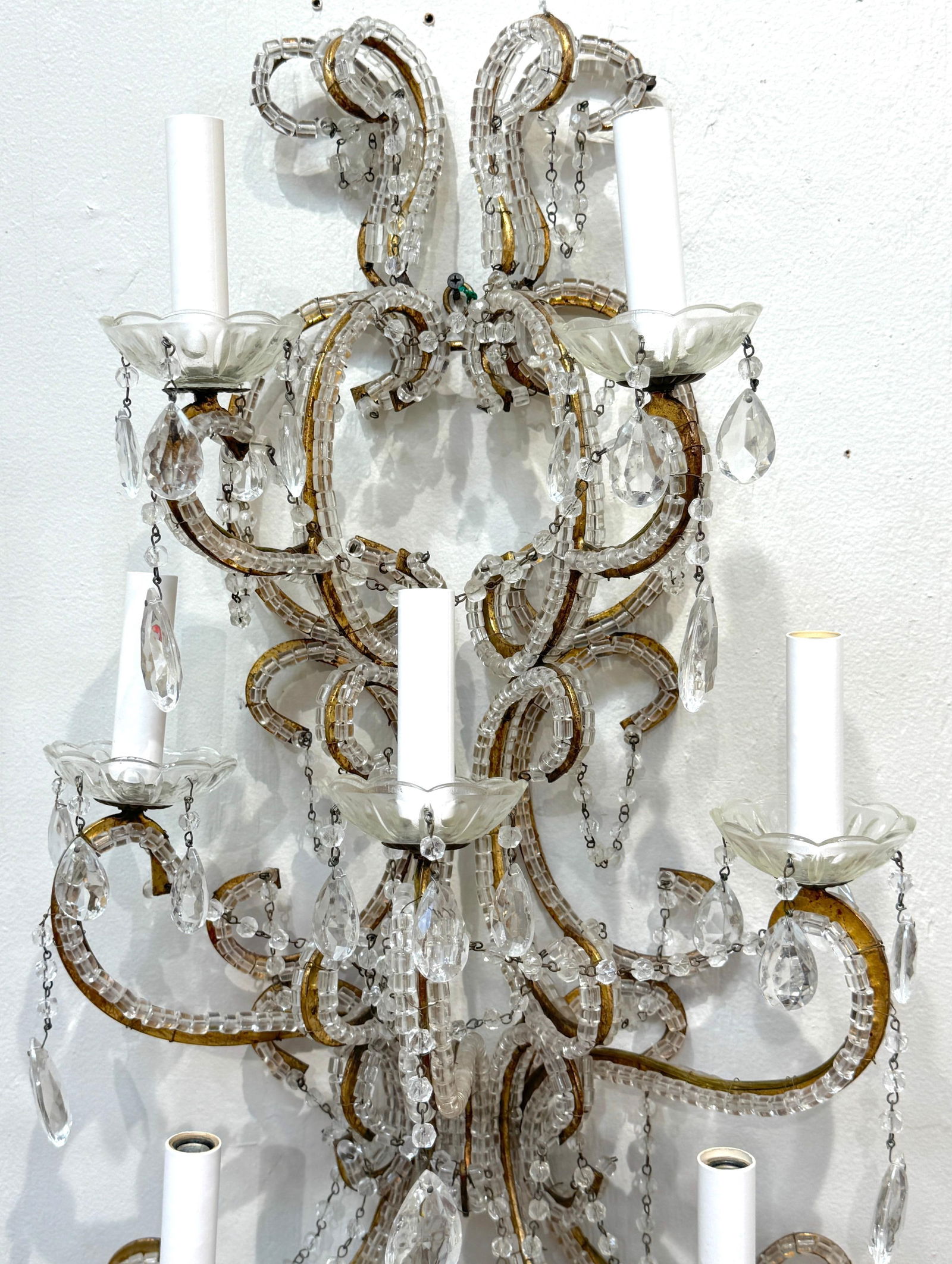 Large Pair of Maria Theresa Style Crystal 7-Light Wall Sconces, Italy Circa 1950 - 12