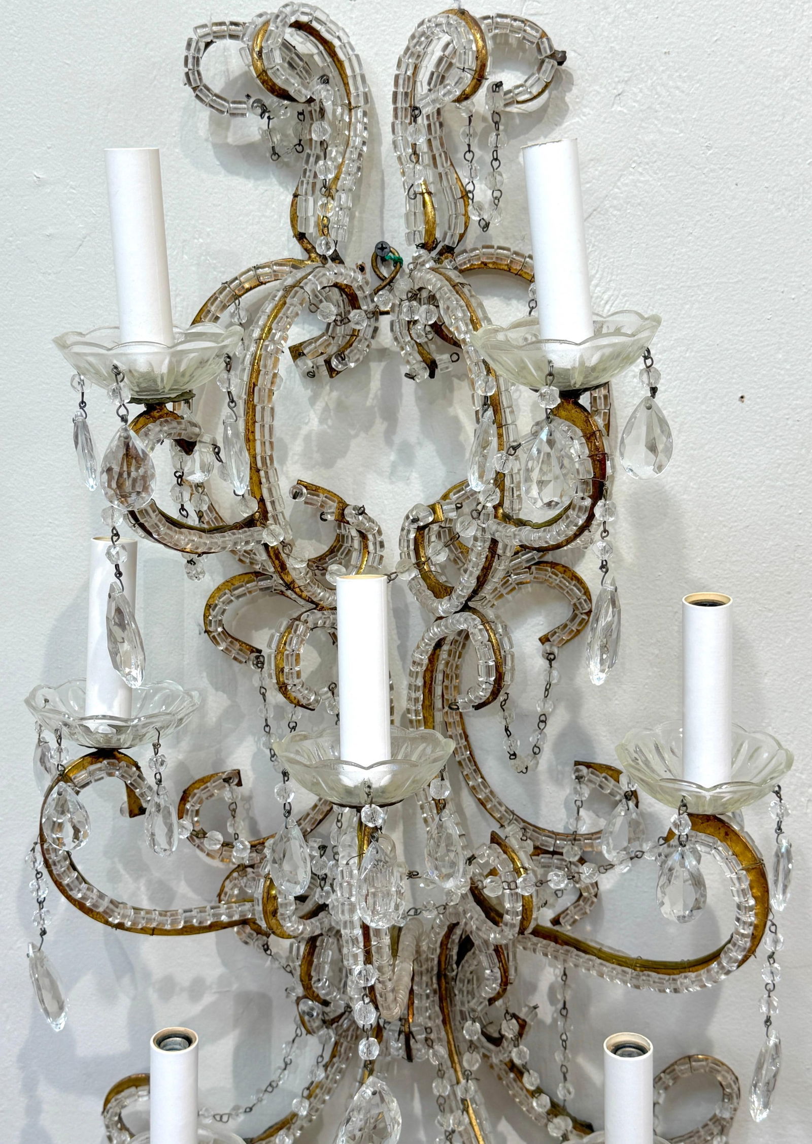 Large Pair of Maria Theresa Style Crystal 7-Light Wall Sconces, Italy Circa 1950 - 13