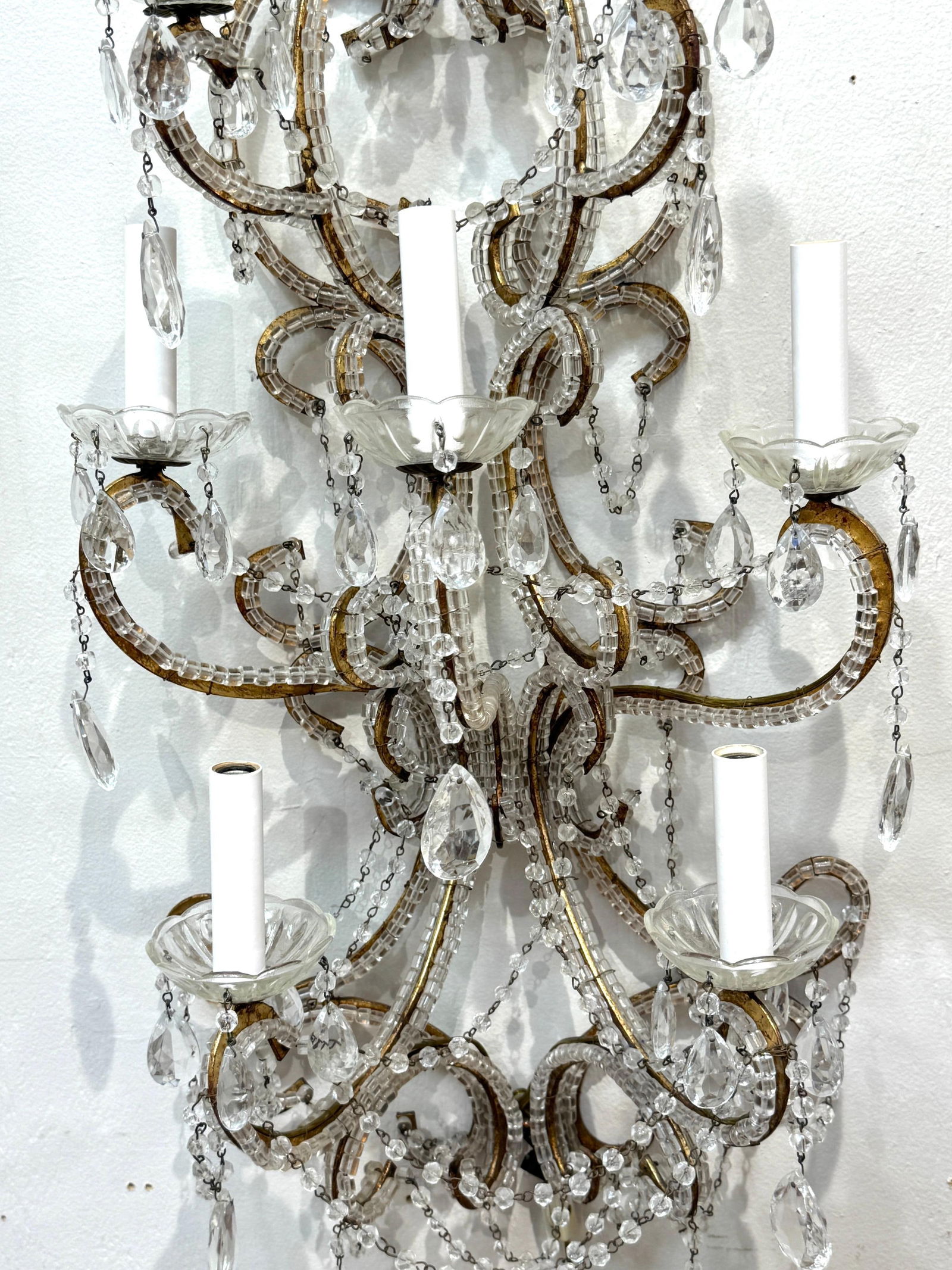 Large Pair of Maria Theresa Style Crystal 7-Light Wall Sconces, Italy Circa 1950 - 14