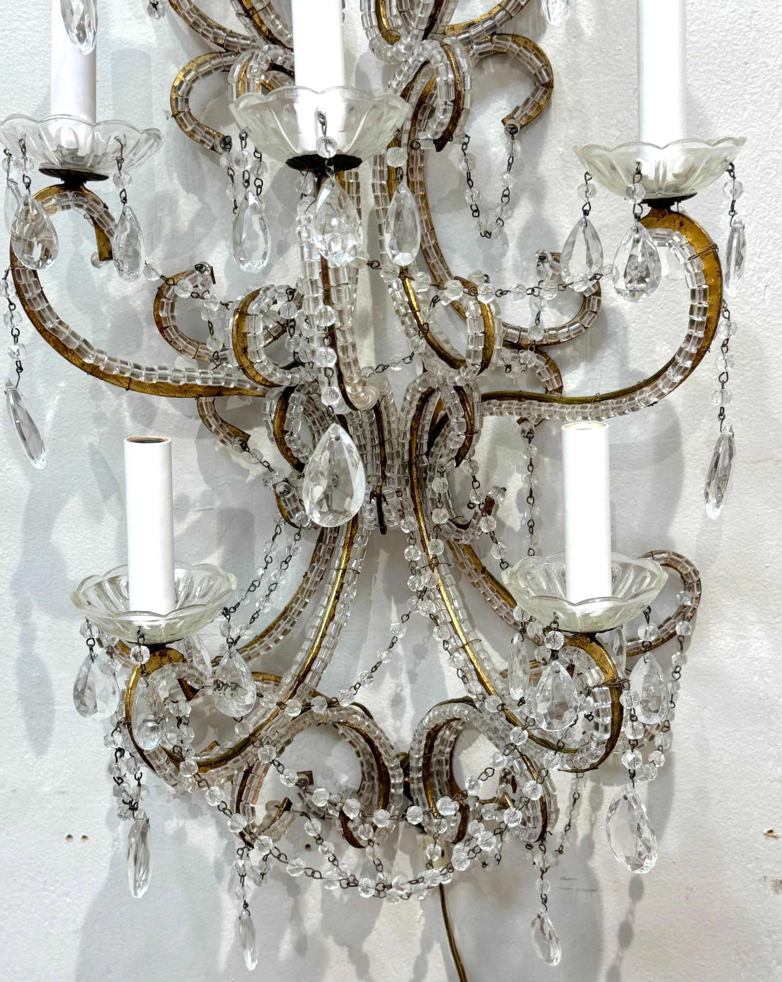 Large Pair of Maria Theresa Style Crystal 7-Light Wall Sconces, Italy Circa 1950 - 15