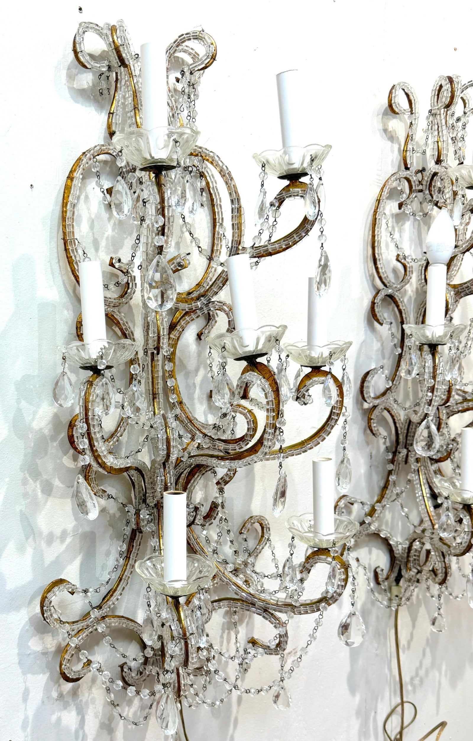 Large Pair of Maria Theresa Style Crystal 7-Light Wall Sconces, Italy Circa 1950 - 17